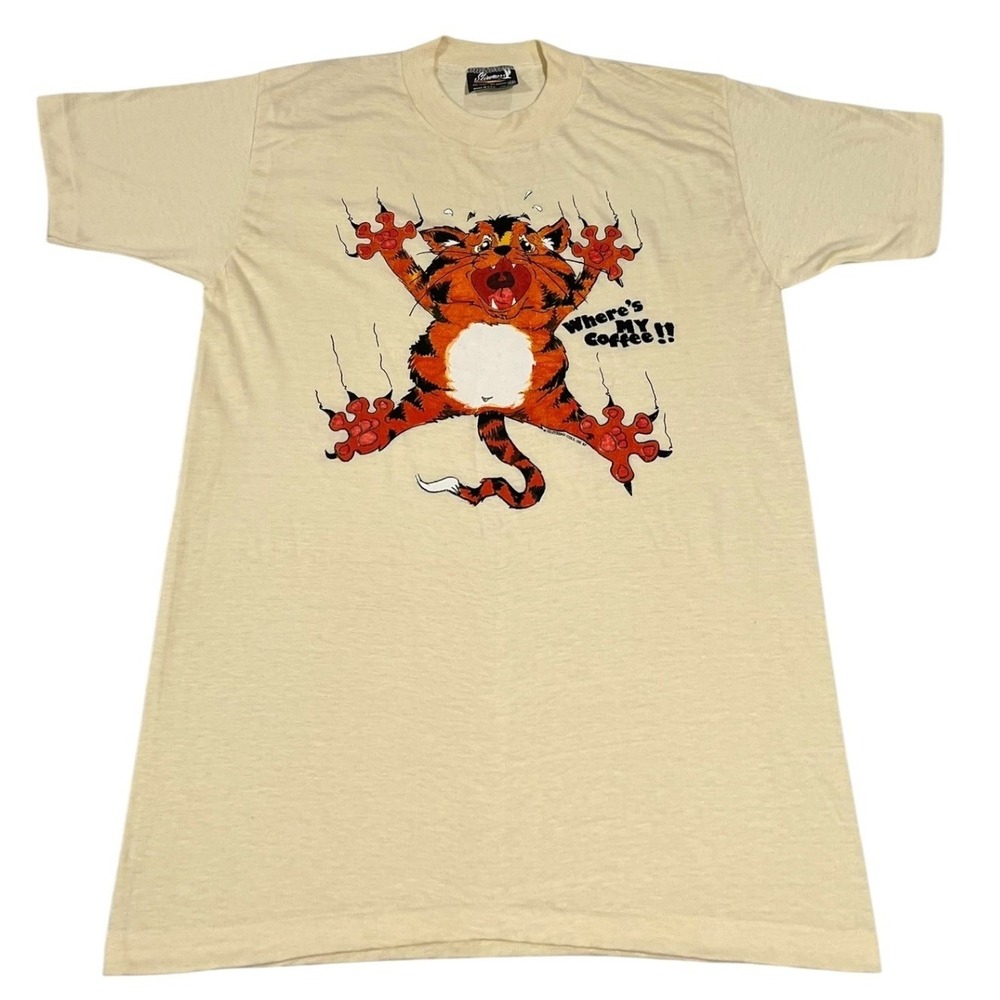 Vintage 1987 Skimmers "Where's My Coffee" Cat T-Shirt USA Made Men's M